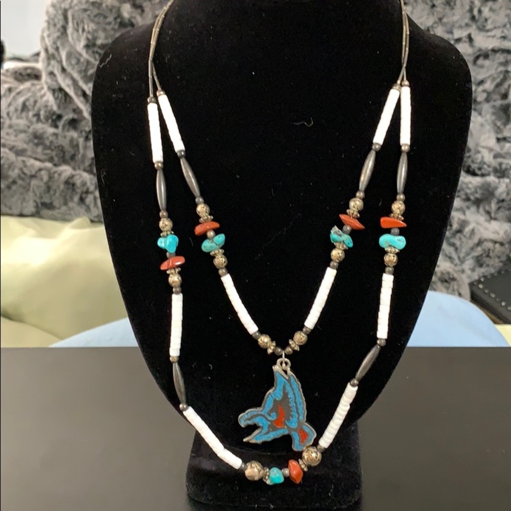 Coral & Turquoise Handcrafted Eagle Necklace